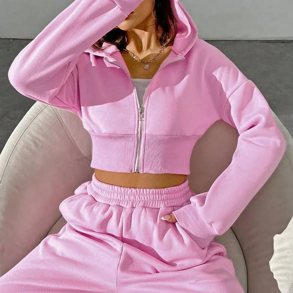 Pink Casual Women's Spring Zip Front Hooded Sweatshirt And Pants Two Piece Set - Picture 4 of 7